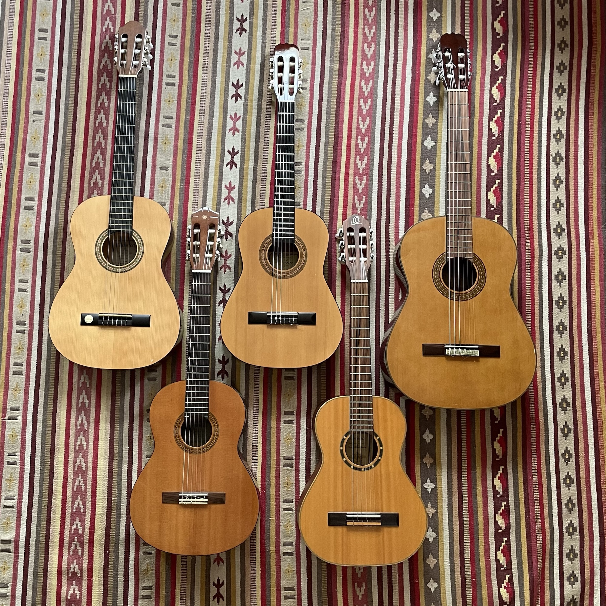 Konzert-Gitarren in verschiedenen Größen stehen für einen kurzzeitigen Verleih bereit.